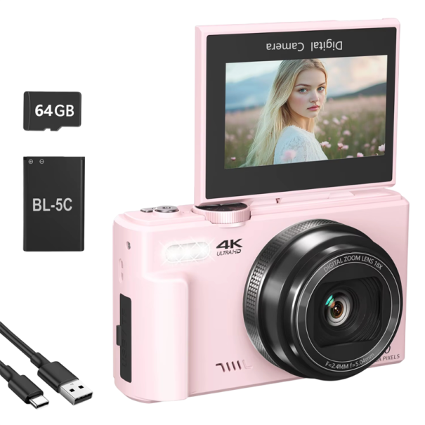 Cámara para vlog 64 MP 4K 4096 × 2160 18× zoom Pantalla abatible 180° WiFi Webcam con autofoco y tarjeta SD de 64GB rosa