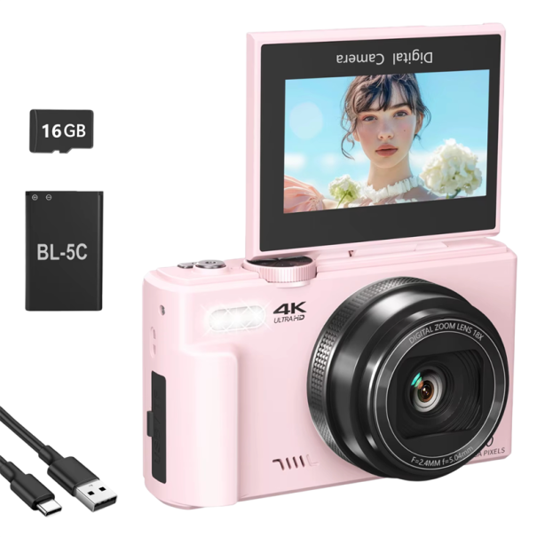 Câmara para Vlog 64 MP UHD 4K 18× zoom LCD Rebatível 180° WiFi Webcam Autofoco Câmera com Cartão SD de 16 GB rosa