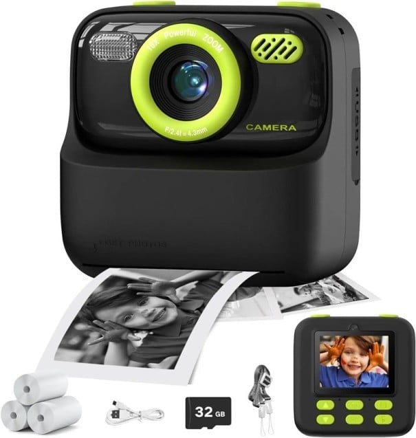 Cámara Polaroid Infantil con impresión térmica en 2 modos, pantalla IPS de 2,4" y video 1080p con tarjeta de 32 GB verde