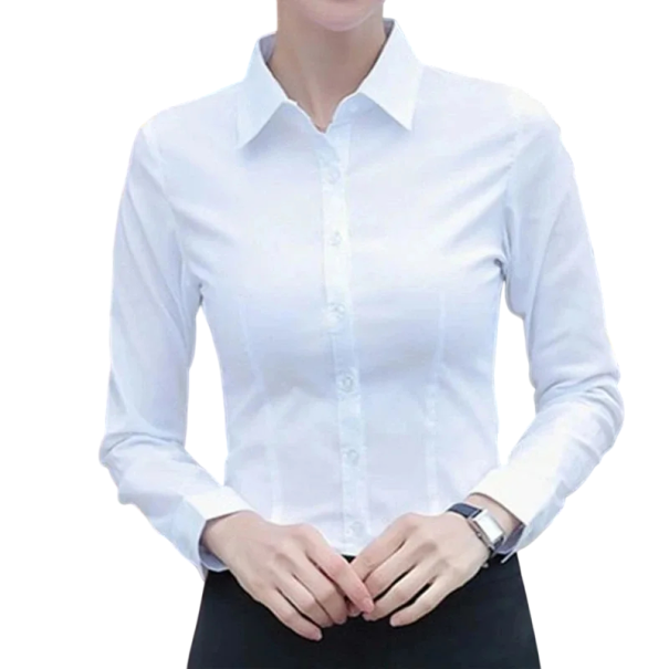 Cămașă albă elegantă de damă cu mâneci lungi, închidere cu nasturi, bluză clasică pentru birou și ocazii formale XS