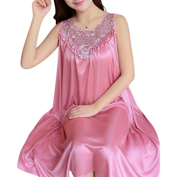 Cămașă de noapte pentru femei fără mâneci cu șezut din dantelă, broderie florală, volan plisat și croială liberă, mărime universală roz