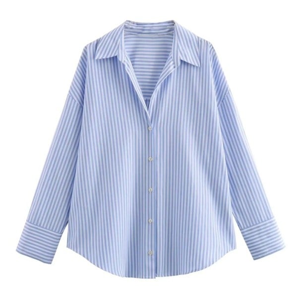 Cămașă elegantă de damă cu dungi lungi, cu guler și nasturi. Bluză cu mânecă lungă, cu dungi, pentru serviciu și timp liber. Elegantă și vaporoasă. L