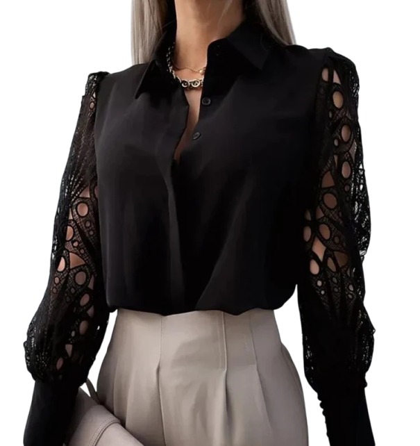 Cămașă elegantă pentru femei cu mânecă lungă Cămașă simplă din poliester cu mâneci din dantelă și guler Închidere cu nasturi Diverse culori negru XXL