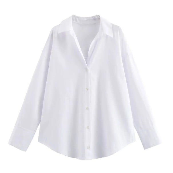 Cămașă lungă elegantă pentru femei, cu guler și nasturi. Croi lung cu mâneci lungi. Bluză elegantă pentru serviciu și timp liber. alb S