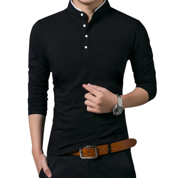 Cămașă polo pentru bărbați cu mânecă lungă și guler cu nasturi Cămașă polo elegantă din polyester pentru uz zilnic negru S