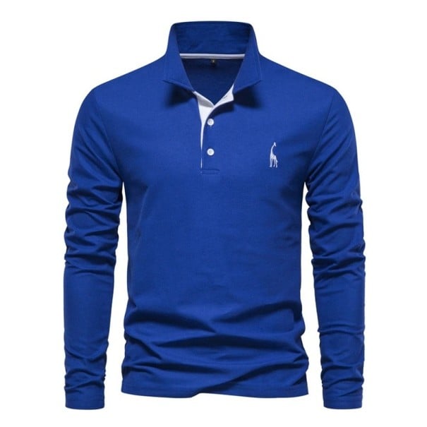 Cămașă polo pentru bărbați cu mânecă lungă Unicolor Model de girafă pe piept Guler Butoane Stil clasic albastru XL