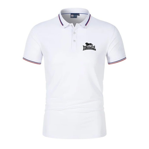 Cămașă polo pentru bărbați cu mânecă scurtă, guler și nasturi, tricou simplu cu imprimeu de leu pe piept din poliester alb M
