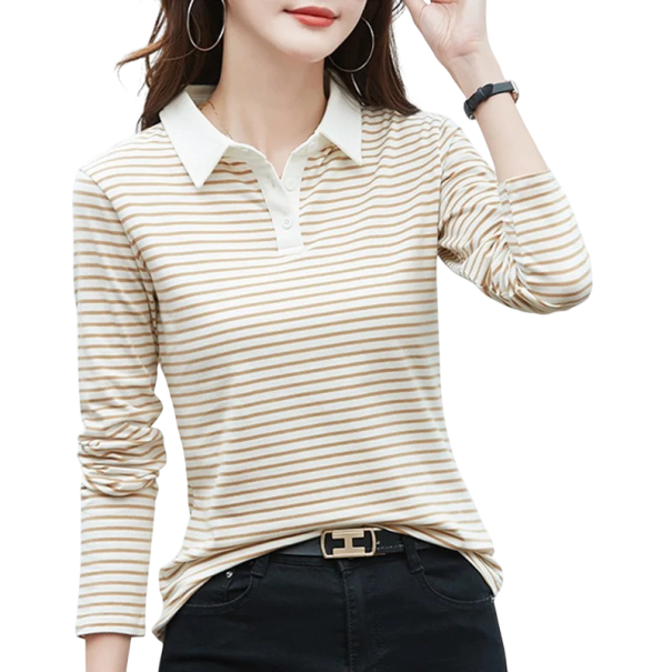 Cămașă polo pentru femei cu mânecă lungă, decolteu în V, guler, nasturi, cu dungi, din bumbac, confortabilă, elegantă, casual, top de vară, primăvară maro M
