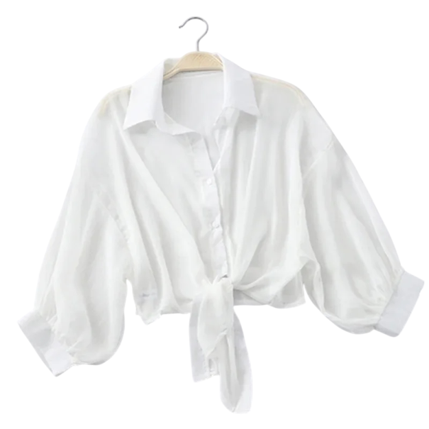 Cămașă scurtă de damă cu nod în față Bluză transparentă Croială scurtă Material ușor și vaporos Închidere cu nasturi Top elegant de vară alb S