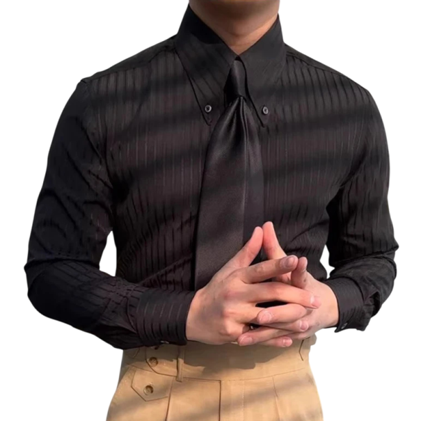 Camicia a righe da uomo con maniche lunghe colletto a bottoni polsini a bottone e sottili righe verticali distinte dal lucido nero S
