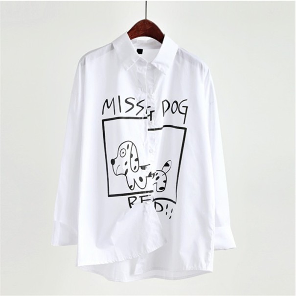 Camicia bianca da donna con grande stampa in bianco e nero sulla parte anteriore Maniche lunghe con polsini Collo classico Vestibilità più ampia 2