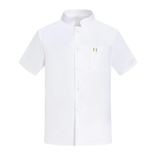 Camicia da cuoco a maniche corte con colletto e bottoni, tasca, poliestere, abbigliamento da lavoro per la cucina, abbigliamento gastronomico bianco XS