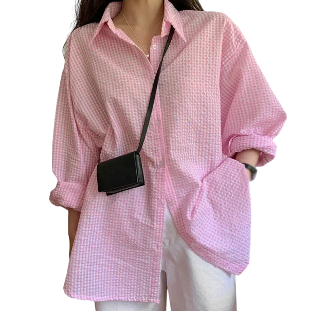 Camicia da donna a quadri con colletto Camicia casual a maniche lunghe Taglio oversize Blusa comoda per la città e per casa S