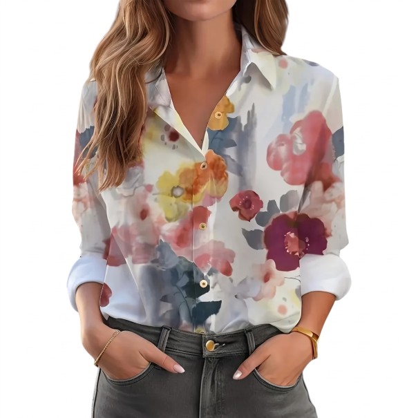 Camicia da donna con maniche lunghe e grandi fiori dipinti su sfondo chiaro con colletto classico e bottoni su tutta la parte anteriore XS