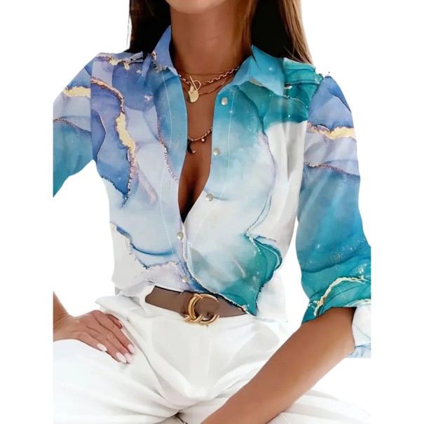 Camicia da donna con maniche lunghe e motivo marmorizzato in turchese e blu con linee dorate, colletto classico e bottoni sul davanti XS