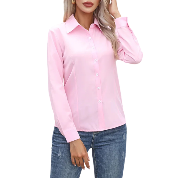 Camicia da donna elegante a tinta unita con maniche lunghe e taglio aderente con pince modellanti, colletto classico e polsini con bottone rosa L