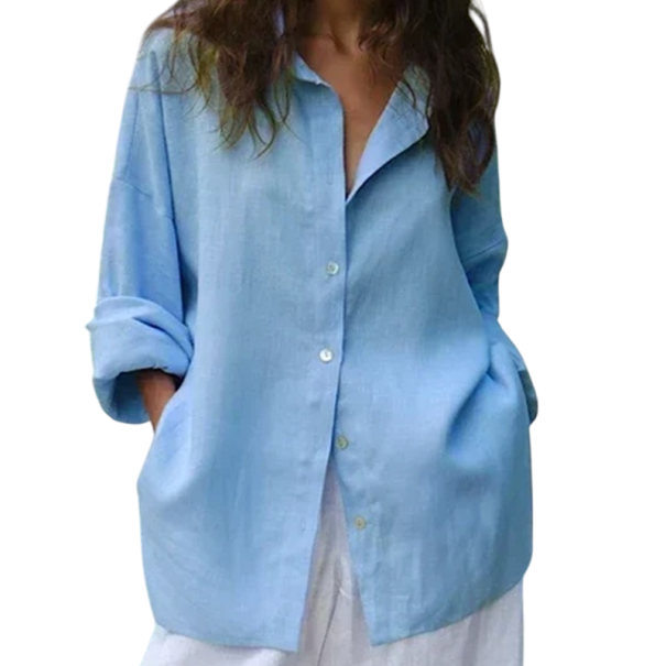 Camicia da donna in lino con maniche lunghe Elegante blusa traspirante in materiale naturale Top leggero con colletto per primavera e estate blu S