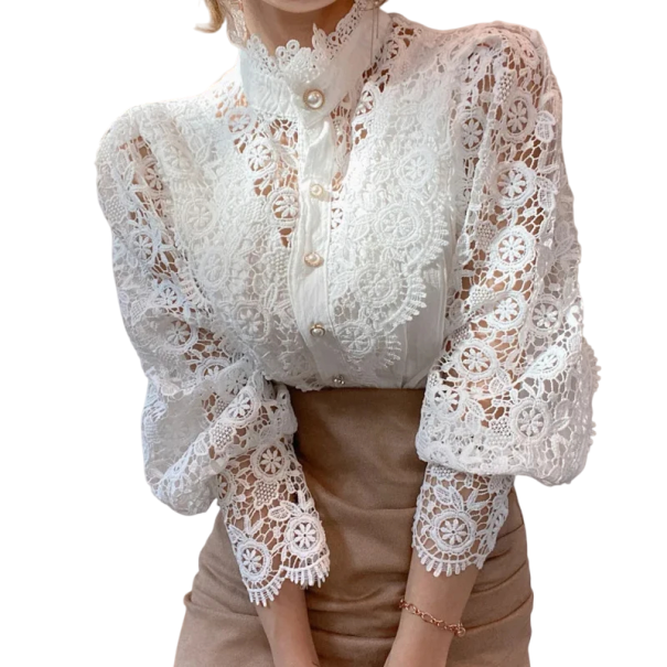 Camicia da donna in pizzo elegante con volant e colletto Camicetta monocolore con maniche lunghe e chiusura a bottoni Top alla moda in cotone e poliestere bianco XL