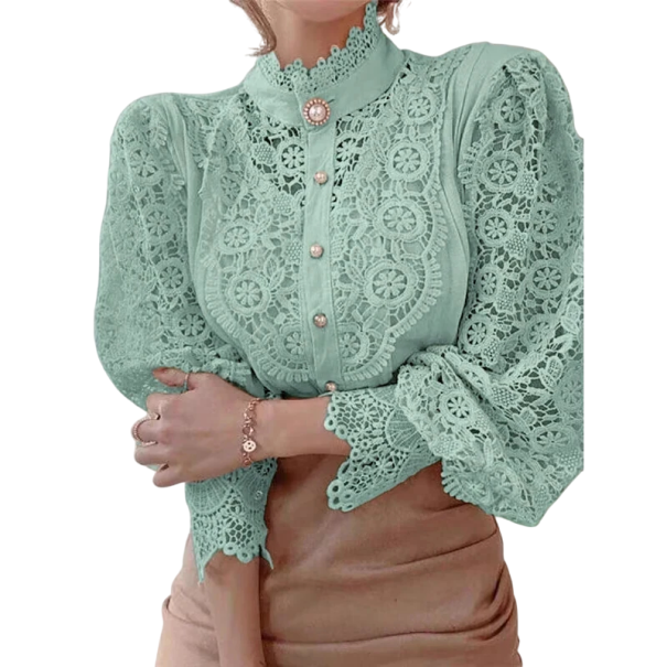 Camicia da donna in pizzo elegante con volant e colletto Camicetta monocolore con maniche lunghe e chiusura a bottoni Top alla moda in cotone e poliestere verde M