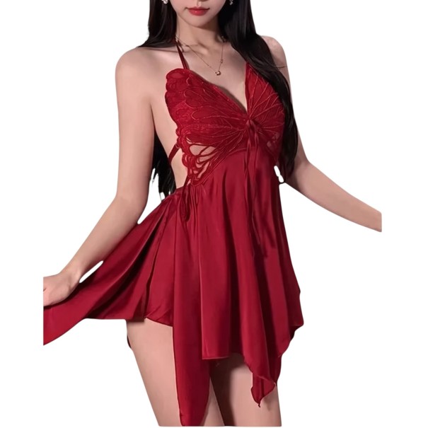 Camicia da notte da donna con ali di farfalla in pizzo, scollatura profonda, schiena scoperta e legatura dietro il collo, taglia rosso