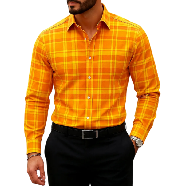 Camicia da uomo a quadri arancione con maniche lunghe e taglio aderente con righe gialle, colletto classico e polsini con bottone L