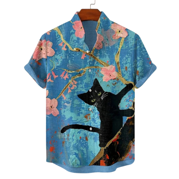 Camicia da uomo con colletto a bottoni Maniche corte Poliestere Spandex Blu Stampa di gatti Camicia estiva alla moda per il tempo libero XS