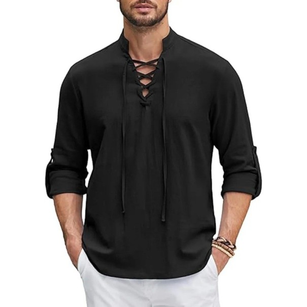 Camicia da uomo con maniche lunghe Monocromatica Cotone e lino Lacci nel colletto Collo Taglio casual nero L