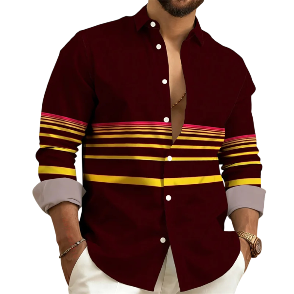 Camicia da uomo vino a maniche lunghe con taglio morbido e righe orizzontali su petto e maniche con colletto classico e bottoni su tutta la lunghezza XXS