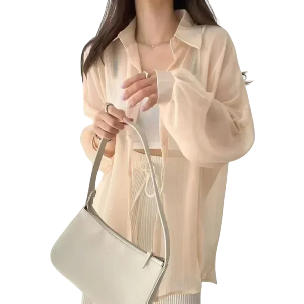 Camicia leggera da donna con maniche lunghe Materiale trasparente Taglio ampio Top arioso per l'estate Strato elegante sopra canotta o vestito beige