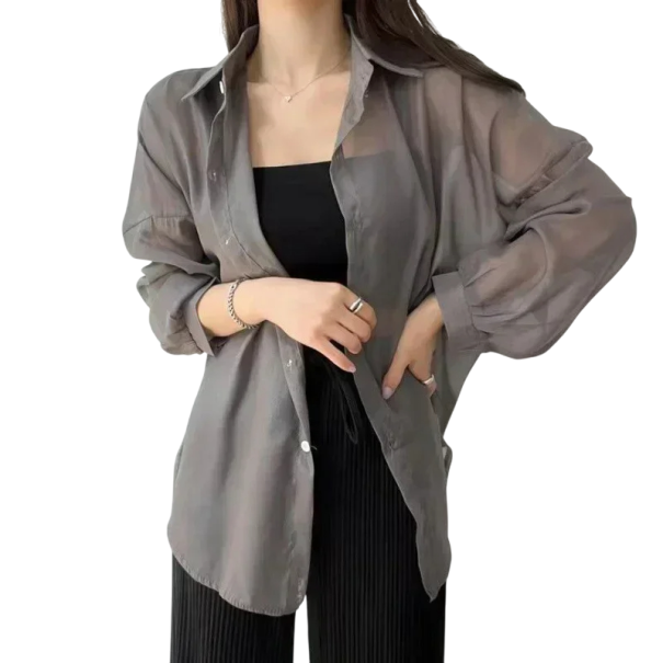 Camicia leggera da donna con maniche lunghe Materiale trasparente Taglio ampio Top arioso per l'estate Strato elegante sopra canotta o vestito grigio
