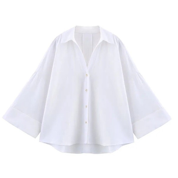 Camicia leggera in lino da donna con colletto Maniche larghe Orlo asimmetrico Chiusura con bottoni Blusa traspirante in materiale naturale bianco L