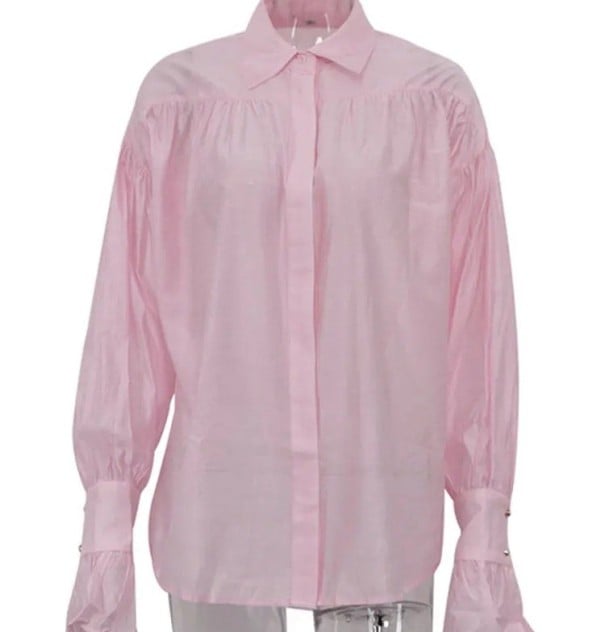 Camicia trasparente da donna elegante con maniche lunghe Blusa monocolore in poliestere con maniche svasate e colletto Top alla moda rosa S