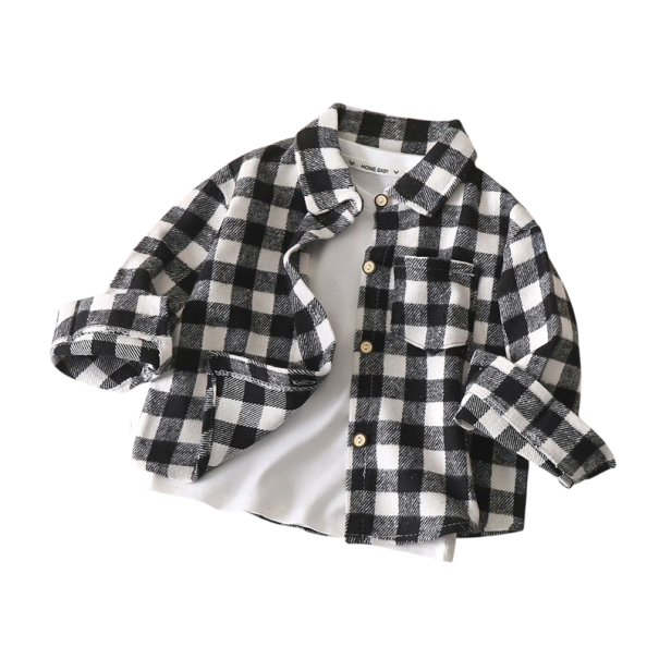 Camicia vintage a quadri per bambini con maniche lunghe Bianco e Nero Cotone Poliestere Spandex Cardigan elegante con colletto e chiusura a bottoni 3