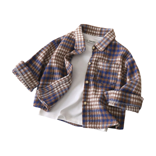 Camicia vintage a quadri per bambini con maniche lunghe Blu e Marrone Cotone Poliestere Spandex Cardigan elegante con colletto e chiusura a bottoni 8