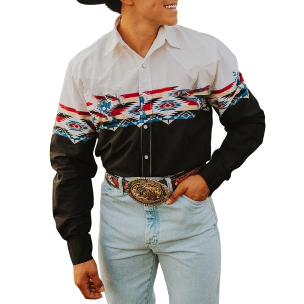 Camicia western da uomo bianca e nera con maniche lunghe e motivo geometrico etnico sul petto con sella western e tasche sul petto XXS