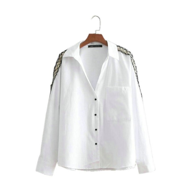Camisa branca feminina com cordão decorativo nos ombros Manga longa Gola clássica Bolso no peito e botões pretos Blusa em poliéster M