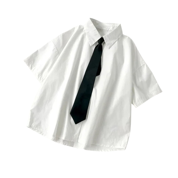 Camisa branca feminina solta de manga curta com gravata preta Top de camisa elegante com colarinho Estilo casual para o trabalho e lazer S