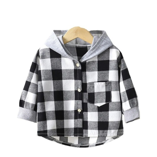Camisa de Criança xadrez com Capuz Preto e Branco Algodão Poliéster Casaco para Meninas e Meninos na Primavera e Outono Casaco Estiloso com Mangas 7