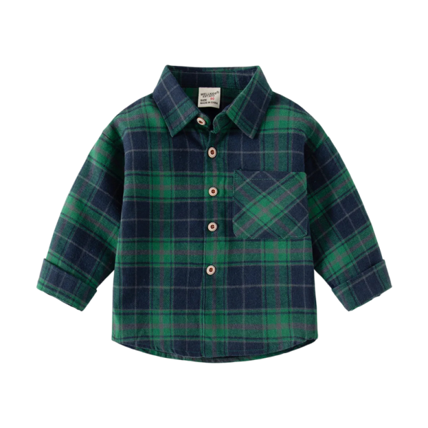 Camisa de cuadros de algodón para niños con cuello de manga larga Top casual con botones para niños pequeños Varios colores Ropa cómoda verde 7