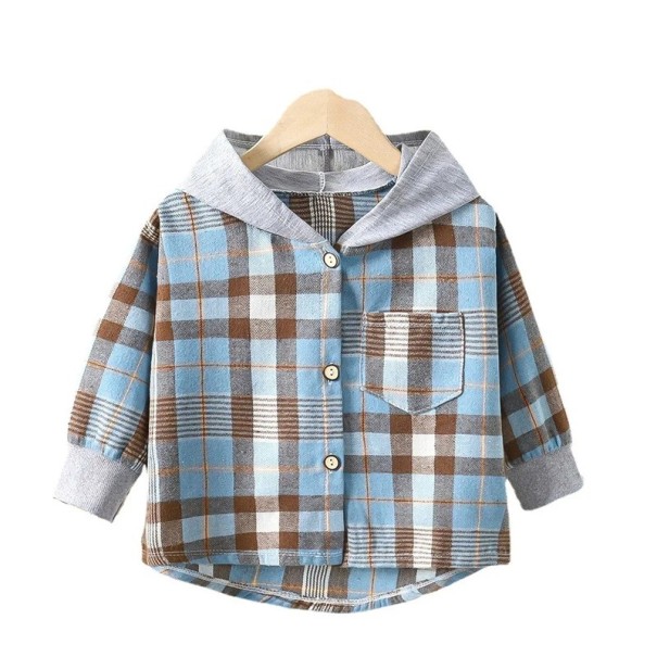 Camisa de cuadros para niños con capucha Marrónazul Algodón Poliéster Chaqueta para niñas y niños para primavera y otoño Chaqueta de estilo con mangas largas y botones 7