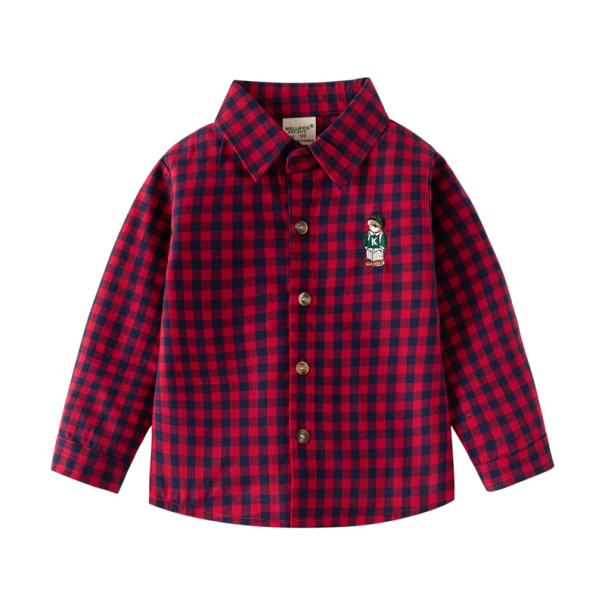 Camisa de cuadros para niños con cuello Camisa de algodón de manga larga para niños Bebé Top informal con botones Varias colores rojo 4