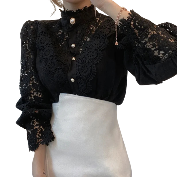 Camisa de encaje elegante para mujer con volantes y cuello Blusa de un solo color con manga larga y cierre de botones Top estiloso de algodón y poliéster negro XS
