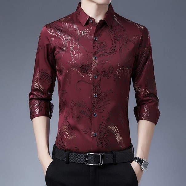 Camisa de hombre con dragones F834 rojo oscuro L