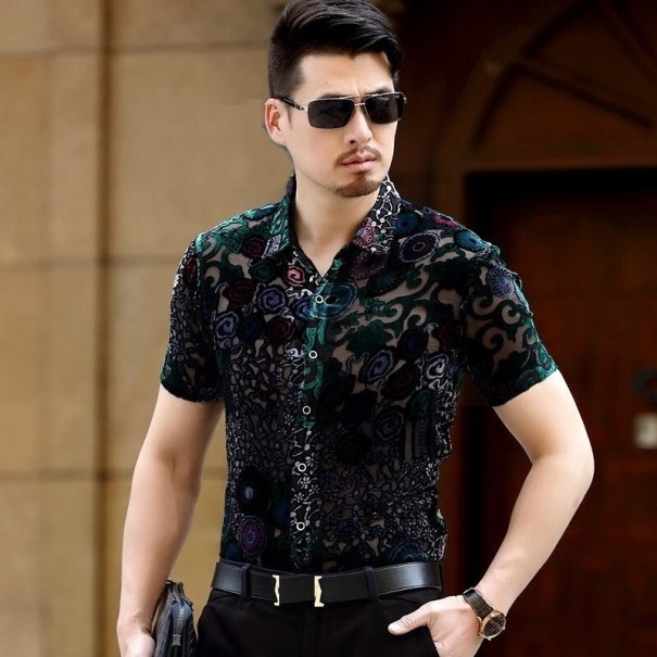 Camisa de hombre con flores F691 azul L 1