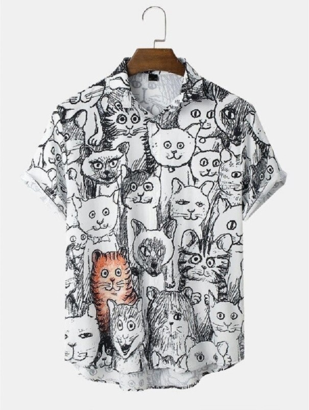 Camisa de hombre con gatos F640 blanco XL