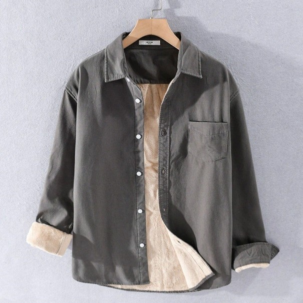 Camisa de hombre con ribete de piel gris oscuro L