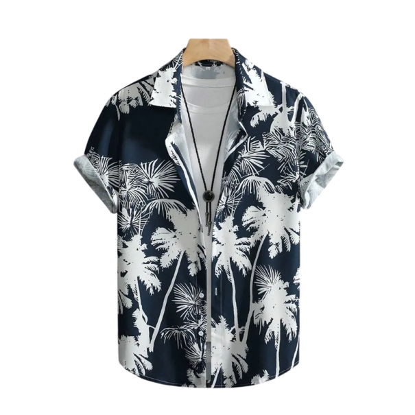 Camisa de hombre de manga corta Diseño de verano Estampado de palmeras Cierre de botones Escote en V Poliéster y spandex negro L