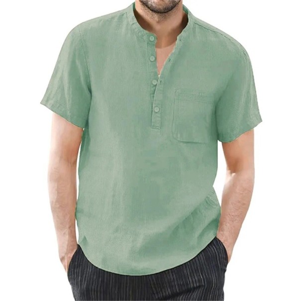 Camisa de homem de manga curta Design liso Abertura parcial Bolso Fecho de botões Algodão e linho verde S