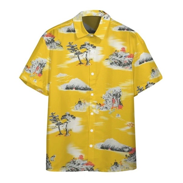 Camisa de Homem de Manga Curta em Poliéster Amarelo com Motivos Naturais e Fecho de Botões para Uso de Verão L