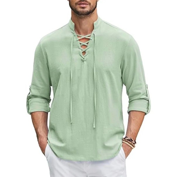 Camisa de homem de manga longa Unicolor Algodão e linho Corda no decote Gola Corte casual verde XXL